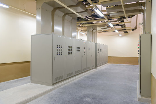 Switchgear electrical energy distribution substation, electrical control panel room in the industrial factory