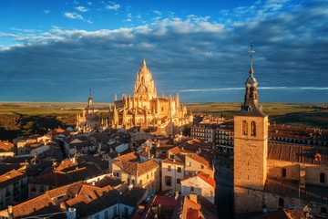 Segovia Cathedral aerial view sunrise