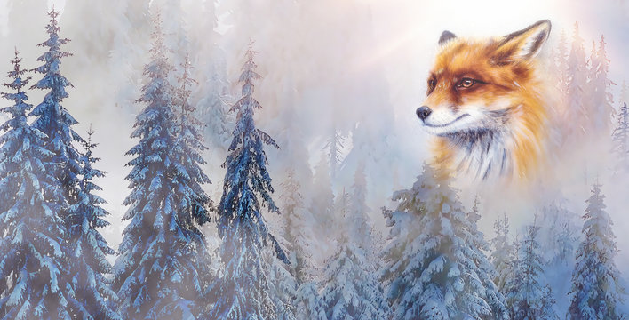 mountain snowy landscape with fox, graphic effect.