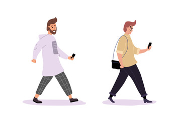 Fototapeta na wymiar Young men holding smartphones and texting, talking, taking selfie. Flat cartoon colorful vector illustration.