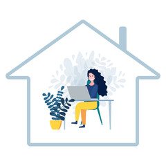 Concept of home office during quarantine. Happy woman working on laptop inside house icon. Female freelance character sitting behind desk near houseplant. Stay at home. Vector flat illustration