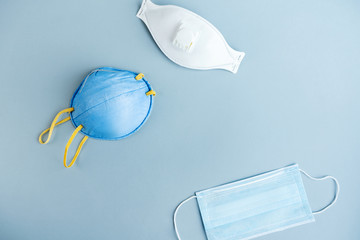 Various filtering antiviral safety face masks.Protective breathing mask against flu and...