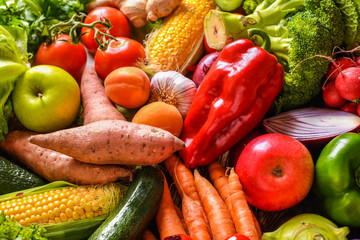 Composition with assorted raw fresh mix vegetables. Variety vegetable top view background.