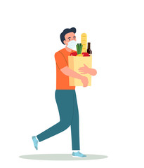 Man with face mask holding grocery bags. Vector flat style illustration.