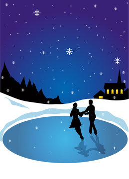 Ice Skating Couple Vector Illustration | Winter Scene | Snow Covered Background | Frozen Pond Backdrop | Classic Northern Scenery