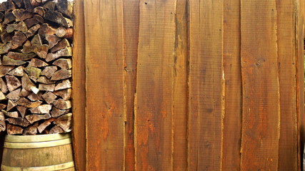 Wooden Fence Background with barrel keg and logs