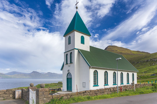 Small white church, Gjógv, Esturoy Island, Faroe Islands