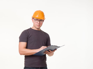 young man - worker in a helmet with a folder