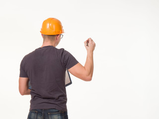 young man - worker in a helmet with a folder
