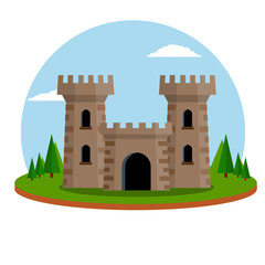 Castle with towers and walls. Defense construction. Medieval European architecture. Home of knight and king. Protection and security. Flat Icon for app and game