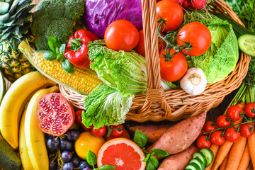 Assortment of raw fruits and vegetables, fresh mix vegetable.