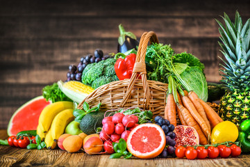 Composition with assorted raw organic fresh vegetables wide banner. Assortment of fruits and vegetable. Healthy raw detox food diet panorama concept.