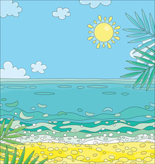 Fototapeta na wymiar Colorful summer landscape with green palm branches over a golden sandy beach of a desert island in a tropical sea on a warm sunny day, vector cartoon illustration