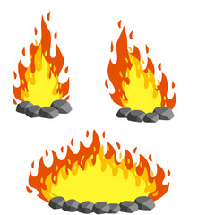Red campfire. Orange flame. Tourist bonfire. Element of a hike. Heat and hot object. Fire lined with stones. Cartoon flat illustration