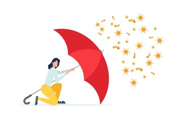 Immune system vector icon logo. Bacterial health, protection against viruses.  A healthy person reflects the attack of bacteria with a red umbrella. 