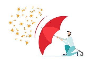 Immune system vector icon logo. Bacterial health, protection against viruses.  A healthy person reflects the attack of bacteria with a red umbrella. 