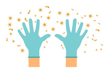 Immune system vector icon logo. Protection against bacteria health viruses. Healthy human hands in protective gloves and repel the bacteria attack with gloves. 