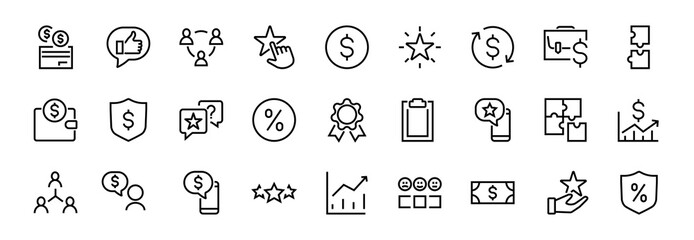 Set of business vector line icons. It contains user symbols, dollar pictograms, gears, briefcase, puzzles, envelope, percentage, messages, schedule, and more. Editable Bar 460x460 pixels.