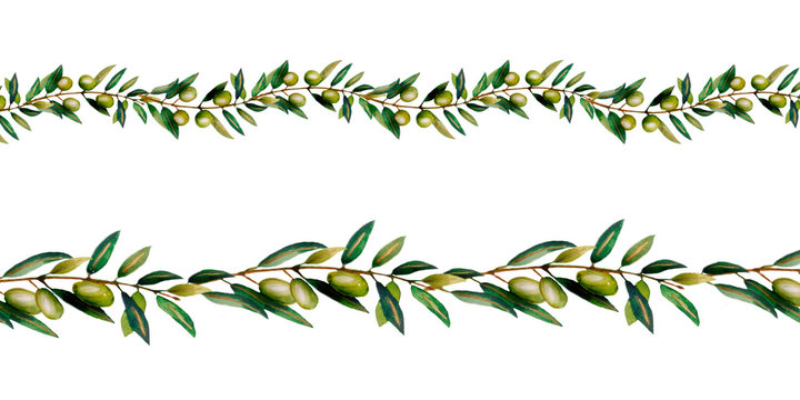 Watercolor illustration.Seamless borders of olive branches. . Isolated object on white background.Print for textile, fabric, wallpaper