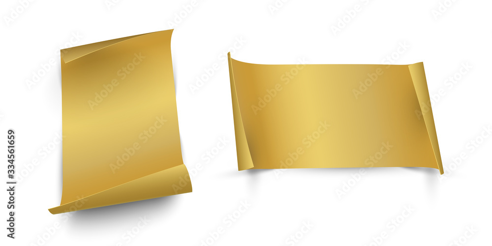 Poster golden vertical and horizontal paper sheets with curled edges isolated on whine background. vector d