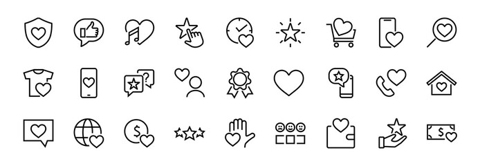  The set of icons about love contains such icons as love of music, declaration of love, heart, favorite home, Linear set. Vector on a white background. Editable stroke. 480x480