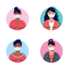 group of women using face masks characters