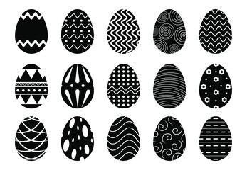 Set of Easter egg icons. Flat black eggs silhouette with abstract ornament pattern isolated on white background, modern decorative easter holiday design. Vector graphic illustration