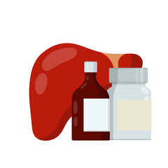 Liver and packaging of medications. Treatment of Internal organ of person. Bottle with pills and drug. Health and pharmacy. Cartoon flat illustration. Prevention of cirrhosis and hepatitis
