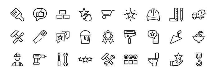 Set of construction icons, simple vector lines, contains the following icons builder, roller, hammer with wrench, toilet bowl and much more. Editable stroke. 48x48 pixels perfect, white background