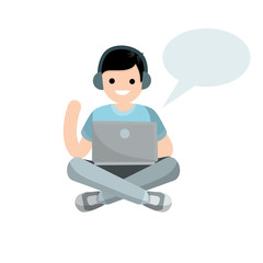 Man sit with laptop. Work freelance and programmer. Guy works on Internet and chat. Cartoon flat illustration. Learning and education. Blank bubble for text.