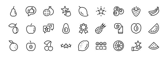 Fruit Icon Set, Vector lines, Contains icons such as apple, banana, cherry, lemon, watermelon, Avocado Editable stroke, 48x48 pixels, White background, eps 10