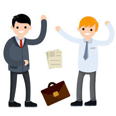 Male employee in shirt and tie. Case and paper file document. Office man in a funny pose and a set of objects. Colleagues and friends. Cartoon flat illustration