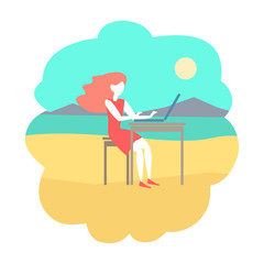 A girl works on a computer at sea. Vector color illustration.
