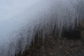 Ice winter icicle background. Frozen water stream.