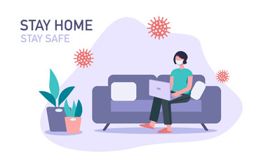 Stay home banner template. Young woman with madical mask sitting home with laptop. Quarantine or self-isolation. Trendy flat vector illustration.