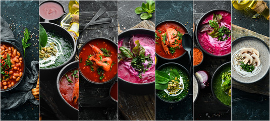 Set of colored soups, photo collage. Healthy food. On a black stone background.