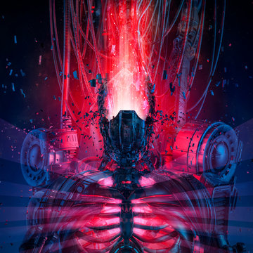 Extreme system overload / 3D illustration of futuristic metallic science fiction cyborg breaking apart