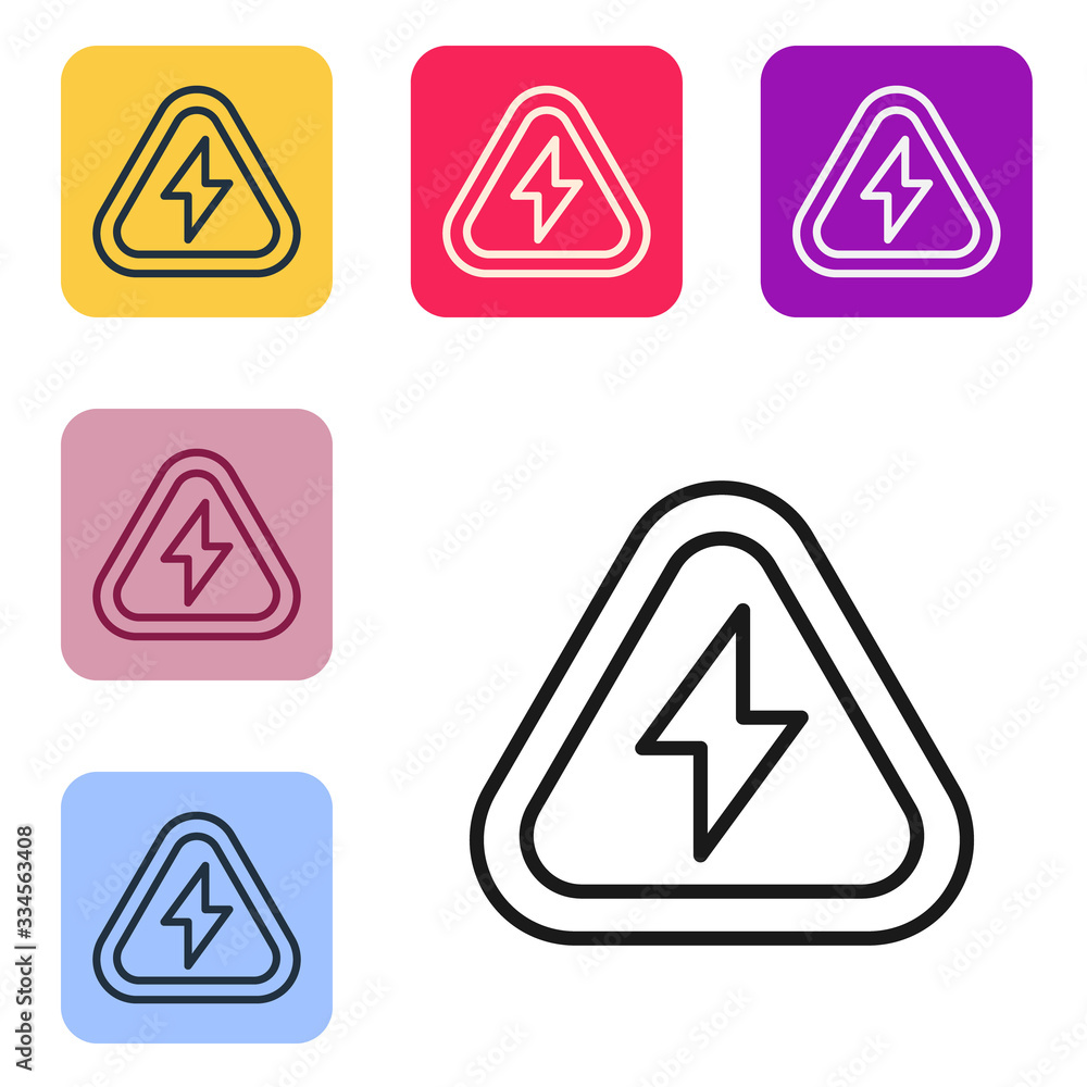 Poster black line high voltage icon isolated on white background. danger symbol. arrow in triangle. warning