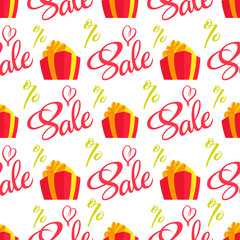 Sale background with handwritten lettering. Discounts up to seamless pattern. Card, label, post design. Vector illustration EPS10.