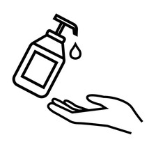 Washing hand with sanitizer liquid soap vector line icon