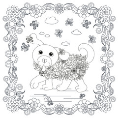 Dog in flowers frame, plant, butterfly. Cartoons animal monochrome art design element for coloring book, coloring page