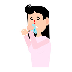 A woman s runny nose.Flat illustration.Rhinitis.Allergies to pollen, Pets.The disease is viral, ill health.Vector illustration