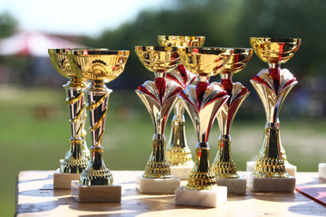 Golden cups for winners of equestrian sport as horse event background