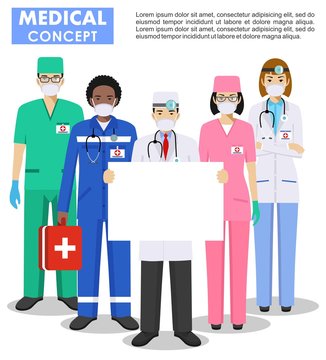Medical concept. Detailed illustration of doctor and nurses in protective masks. Group of doctors man and woman standing together and holding empty placard. Virus, infection, epidemic, quarantine.