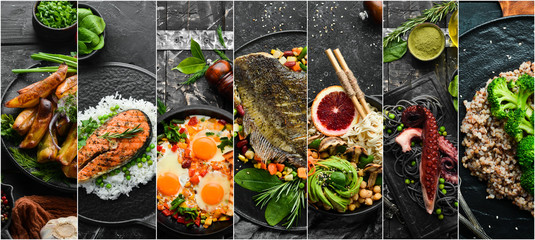 Set of photo dishes. Set of food cuisines of peoples of the world. Dishes and snacks on black stone background.