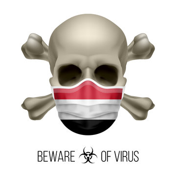 Human Skull with Crossbones and Surgical Mask in the Color of National Flag Yemen. Mask in Form of the Yemeni Flag and Skull as Concept of Dire Warning that the Viral Disease Can be Fatal