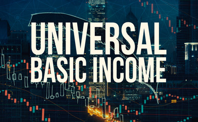 Universal Basic Income theme with Chicago skyscrapers at night