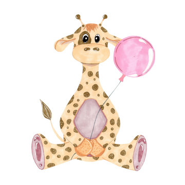 Giraffe with a pink balloon