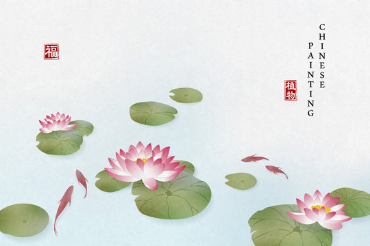 Chinese ink painting art background plant elegant flower water lily and fish in the pond. Chinese translation : Plant and Blessing.