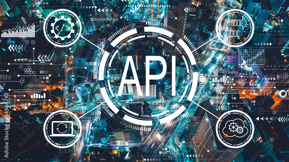 Poster api - application programming interface concept with aerial view of tokyo, japan at night